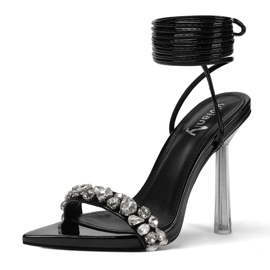 Evangeline 110 Rhinestone Lace Up Sandals - Vivianly Shoes - Stilettos