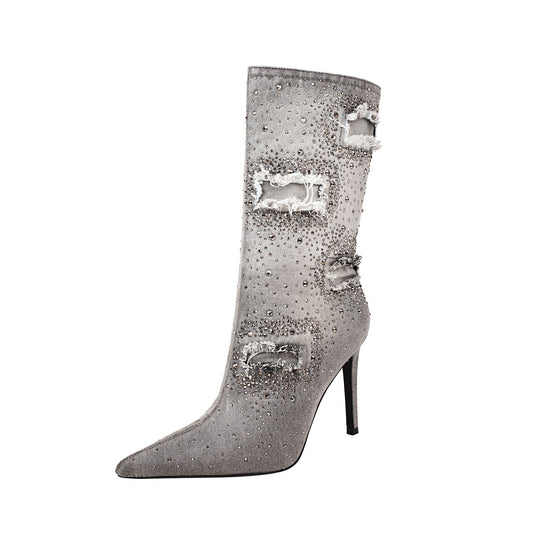 Raven 98 Distressed Stiletto Mid Calf Boots - Vivianly Shoes - Mid Calf Boots