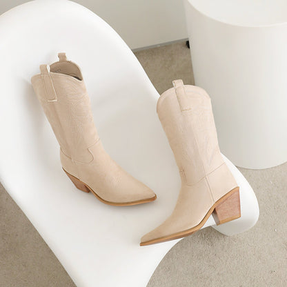 Jenn 68 Pointed Cowboy Mid Calf Boots - Vivianly Shoes - Mid Calf Boots