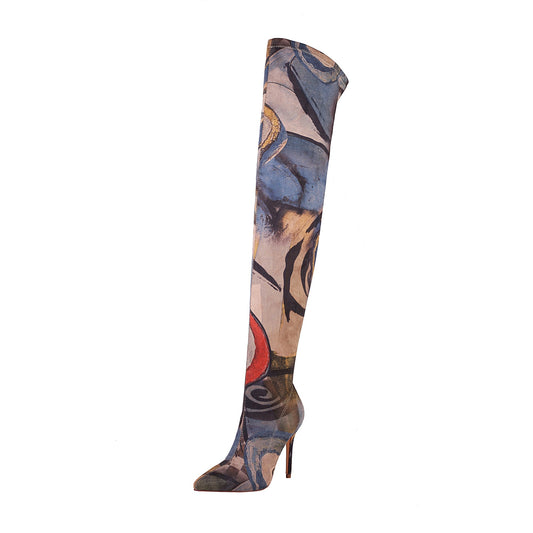 Mona 105 Art Print Over Knee High Boots - Vivianly Shoes - Over Knee Boots