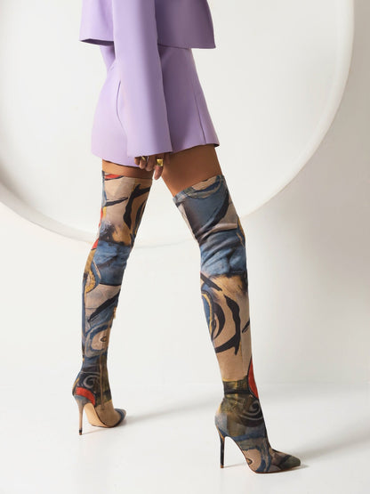 Mona 105 Art Print Over Knee High Boots - Vivianly Shoes - Over Knee Boots