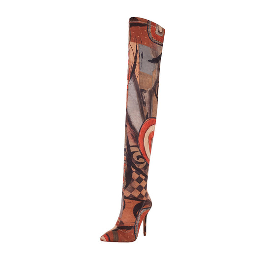 Mona 105 Art Print Over Knee High Boots - Vivianly Shoes - Over Knee Boots