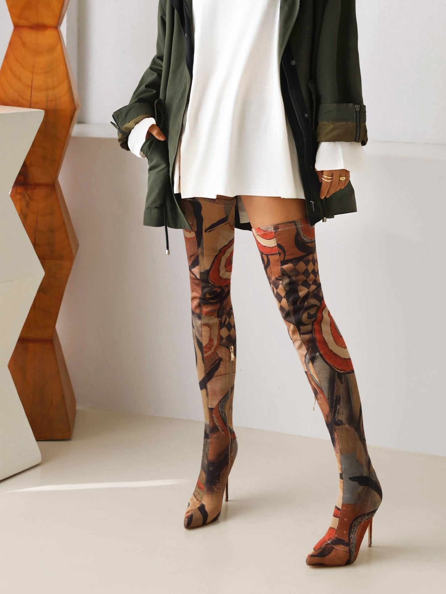 Mona 105 Art Print Over Knee High Boots - Vivianly Shoes - Over Knee Boots