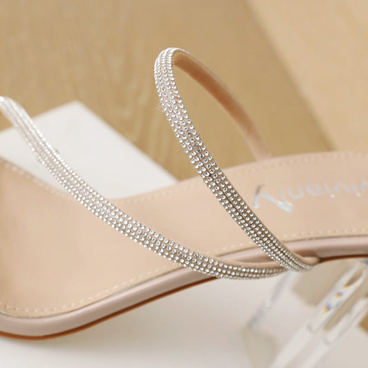 Penelope 94 Clear Rhinestone Mules - Vivianly Shoes - Chunky Heels